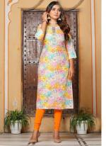 Rayon Orange Casual Wear Printed Readymade Kurti